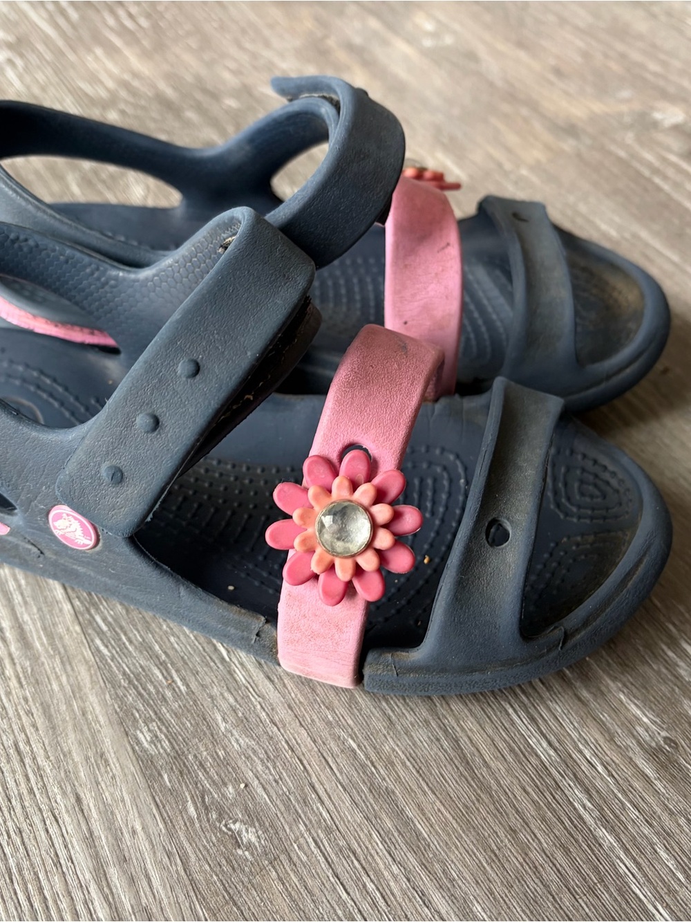 CROCS Navy and Pink Flower Strap Kids Sandals